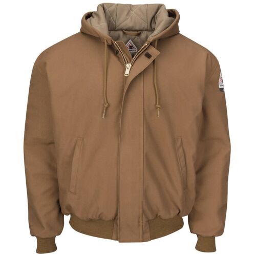 Men's Insulated Brown Duck Hooded Jacket with Knit Trim Thumbnail